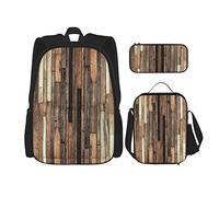 3 Piece Set Backpacks Brown Old Hardwood Floor Plank Grunge Lodge Garage Loft Natural Rural Graphic Artsy Book Bag Travel Work School Bag Pencil Case Lunch Bag Combination For Men Women Boys Girls