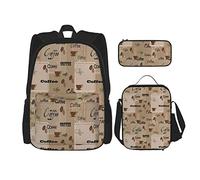 3 Piece Set Backpacks Coffee Words Different Typography Beans Cup On Abstract Vintage Backdrop Book Bag Travel Work School Bag Pencil Case Lunch Bag Combination For Men Women Boys Girls