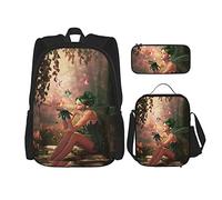 3 Piece Set Backpacks Fairy Girl With Wings And Butterflies Digital Composition Computer Graphics Elven Creature Book Bag Work School Bag Pencil Case Lunch Bag Combination For Men Women Boys Girls