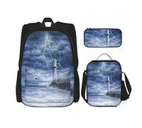 3 Piece Set Backpacks Lightning Lighthouse On The Rock With Rainstorm And Black Cloud Atrocious Weather Book Bag Travel Work School Bag Pencil Case Lunch Bag Combination For Men Women Boys Girls