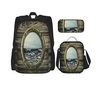 3 Piece Set Backpacks Nautical Window Of Boat Ocean Waves Offing Seen From Circle Window On Wooden Ship Chic Nature Scenery Book Bag Work School Bag Pencil Case Lunch Bag For Men Women Boys Girls