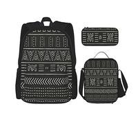 3 Piece Set Backpacks Peru Black East White Tribal Design With Pattern Free Geometric Peruvian Abstract African Mexican Print Book Bag Work School Bag Pencil Case Lunch Bag For Men Women Boys Girls