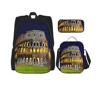 3 Piece Set Backpacks Rome Colosseum Famous Column Architecture Art Italy Ancient Roman Empire Symbol Meadow Light Night Scenic Book Bag Work School Bag Pencil Case Lunch Bag For Men Women Boys Girls