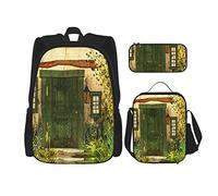 3 Piece Set Backpacks Rustic Cottage Door Overgrown Bushes Grass Tree Garden Brick Fairy Tale Countryside Book Bag Travel Work School Bag Pencil Case Lunch Bag Combination For Men Women Boys Girls