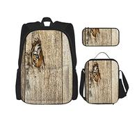 3 Piece Set Backpacks Safari Siberian Tiger Eye Looking Through Wooden Peep Hole Spy Predator Big Cat Wild Print BookBag Work School Bag Pencil Case Lunch Bag Combination For Men Women Boys Girls
