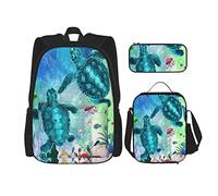 3 Piece Set Backpacks Sea Turtle Ocean Creature Landscape Underwater Fish Seaweed Jellyfish Coral Animal Book Bag Travel Work School Bag Pencil Case Lunch Bag Combination For Men Women Boys Girls