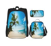 3 Piece Set Backpacks Tropical Beach Summer Palm Tree Coast Sands Ocean Waves Under Sunny Sky Seaside Nature Scenery Book Bag Work School Bag Pencil Case Lunch Bag Combination For Men Women Boys Girls