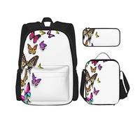 3 Piece Set Backpacks Various Size Different Colored Butterflies Colorful Wings Sophisticated Creature Book Bag Travel Work School Bag Pencil Case Lunch Bag Combination For Men Women Boys Girls