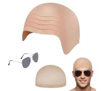 3-Piece Set: Bald Head Cap + Nude Wig Cap + Sunglasses, Halloween Costumes, Bald Man Costume for Adults, Natural Skin Tone for Halloween Fancy Dress & Cosplay, Music Icon Famous Celebrity Fancy Dress