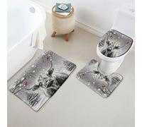 3 Piece Set Bath Mats,Christmas Funny Highland Cow Snowflake Red Bird Pine Tree Quick-Dry Pedestal Mat Machine Washable Toilet Seat Cover Mat for Toilet Floor Shower Bathroom