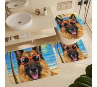 3 Piece Set Bath Mats,Summer Shepherd Germans Dog Palm Tree Sunset Machine Washable Pedestal Mat Quick-Dry Toilet Mat for Bathroom Shower Toilet Floor