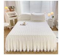 3 Piece Set Bed Skirt Ruffle Wrap Thick Quilting Bedspread Fitted Sheet Cover Bed Skirt Full King Queen Bedcover Lace Pillowcases (Color : Milk White, Size : 150x200cm)