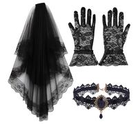 3 Piece Set Black Veil, Black Fascinators for Women Set, Black Veil with Lace Gloves and Necklace, Gothic Bridal Accessories for Halloween, Dark Wedding, Photography Props, Tea Party, Birthday Party