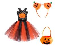 3 Piece Set Girls Pumpkin Princess Witch Costume Tutu Dress with Witch Headband and Candy Bag for Halloween Fancy Party Cosplay Carnival Elegant Outfit Kids Toddler 3 to 12 Years Old