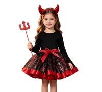 3 Piece Set Girls Witch Costume Red Black Devil Tutu Dress with Witch Headband and Trident Wand Fancy Dress for Halloween Party Cosplay Outfit Kids Little 2 to 7 Years Old