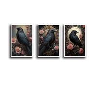 3 Piece Set Gothic Crow Canvas Wall Art Set Frameless Dark Academia Style Black Raven and Floral Prints Spooky Halloween Decor Vintage Wall Artwork 12x18in-3PCS-UnFramed