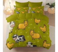 3 piece set Green Duvet Cover Set 135 x 200 cm, Reversible Easy Care Brushed Microfiber Soft and comfortable Bedding, Cartoon Animals Farm Cow Printed Bedding Machine Washable