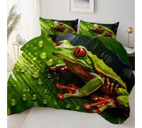 3 piece set Green Duvet Cover Set 260 x 220 cm -1 Quilt Cover + 2 Pillow Cases, Reversible Easy Care Brushed Microfiber Bedding, Animal Photography Tropical Frog Printed Bedding Machine Washable