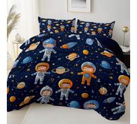 3 piece set Navy Blue Duvet Cover Set 135 x 200 cm -1 Quilt Cover + 2 Pillow Cases, Reversible Easy Care Brushed Microfiber Bedding, Cartoon Space Astronaut Galaxy Printed Bedding Machine Washable