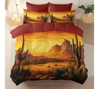 3 piece set Orange Color Duvet Cover Set 230 x 220 cm, Reversible Easy Care Brushed Microfiber Soft and comfortable Bedding, Sunset Desert Cactus Printed Bedding Machine Washable
