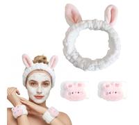 3-Piece Set Wrist Wash Band with Rabbit Ears Hair Band, Soft Makeup Headband & 2 Loops to Keep the Sleeves Dry for Facial Cleansing, Spa & Yoga (White & Pink)