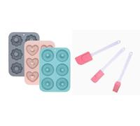 3-Piece Silicone Doughnut Baking Mould Set with Dough Scraper and Brush, Non-Stick Doughnut Moulds for Oven, Heat Resistant Bagel Muffin Mould, Dishwasher Safe, Reinforced Edge and Hanging Hole