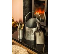 3 Piece Silver Fireside Set With Coal Bucket, Matchstick Canister And Shovel