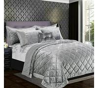 3-Piece Silver Quilted Crushed Velvet Bedspread Double 250 x 250 cm - Hotel Quality Soft Plush Bed Throw for Bedroom - Santiago Embossed Diamond Bedding with 2 Pillow Shams