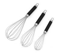 3-Piece Silver Stainless Steel Balloon Whisk Set - Handheld Whisks with Sturdy Black Handles & Hanging Loops, Perfect for Frothing, Baking & Dough Mixing (8", 10", 12").