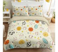 3 piece Single Bedding set with Fitted Sheet 30 cm Deep, Cartoon Sport Duvet Cover Set 3 Piece Soft Breathable Premium Microfibre, Cream Football Basketball Quilt Cover