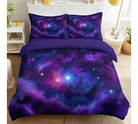 3 piece Single Bedding set with Fitted Sheet 30 cm Deep, Cosmic Fantasy Duvet Cover Set 3 Piece Soft Breathable Premium Microfibre, Blue Purple Mystical Nebula Quilt Cover