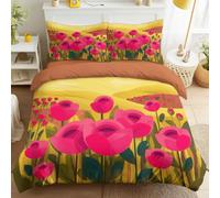 3 piece Single Bedding set with Fitted Sheet 30 cm Deep, Fresh Floral Duvet Cover Set 3 Piece Soft Breathable Premium Microfibre, Yellow Rose Flower Field Quilt Cover