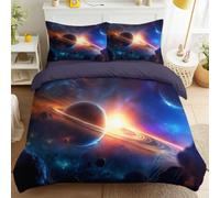 3 Piece Single Duvet Cover Sets with Fitted Sheet - Cosmic, Fantasy, Technology Double Cover Set Planet, Stars, Warm Bedding Set Soft Microfiber for Boys & Girls