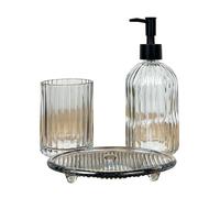 3 Piece Smoke Grey Ribbed Glass Bathroom Sink Accessories Set Liquid Soap Lotion Dispenser Tumbler/Toothbrush Holder Cup Oval Soap Dish