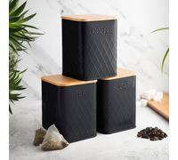 3-Piece Square Tea Coffee Sugar Kitchen Storage Bins with Bamboo Lids Cooks Professional Black One Size