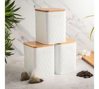 3-Piece Square Tea Coffee Sugar Kitchen Storage Bins with Bamboo Lids Cooks Professional White One Size