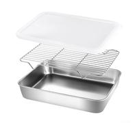 3 Piece Stainless Steel Baking Pan with Cooling Rack Cover Set Kitchen Oven Tray for Roasting Cookies Vegetables Bread Dishwasher Safe Storage(31x24x5cm)