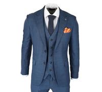 3 Piece Suit Prince Of Wales Check Classic Light Tailored Fit Modern Infinity Leather Blue 38R