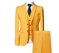 3 Piece Suit Set Regular Fit for Men Trousers Waistcoat Blazer Business Solid Two Button Suits Wedding Casual Slim Fit for Bridesmaid Boys, Yellow, XL