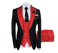 3 Piece Suit Slim Fit Suits for Men One Button Prom Suits Set Blazer Vest Trousers Tuxedo Sets for Wedding Prom (Red 1,M)
