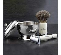 3 Piece Super Badger Traditional Mens Wet Shaving Set Super Badger Brush Classic Double Edge Safety Razor and Stainless Steel Shaving Bowl Perfect Shaving Kit for Men