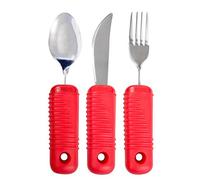 3 Piece Super Easy Grip Red Flatware Set - Bendable Built Up Large Fork, Knife, and Spoon - Red