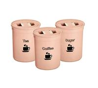 3 Piece Tea Coffee Sugar Canister Set 850ml Plastic Round Tea Coffee Sugar ContainerTin Airtight Storage Jars Set (Pink)