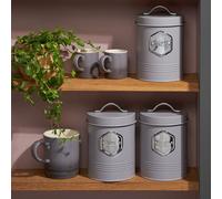 3-Piece Tea Coffee & Sugar Storage Canisters Bins with Silver Labels Cooks Professional Grey One Size
