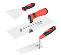 3 Piece Trowel Set, Stainless Steel Brick Jointer, Includes Gauging Trowel, Plastering Trowel, Wallpaper Scraper, Builders Bricklaying Tools with Soft Grip Handles for Drywall Tiling Cement Work(Red)