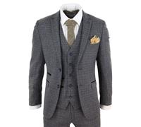 3 Piece Tweed Check Vintage Retro Suit Infinity Leather Navy 38R