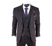 3 Piece Tweed Herringbone Suit Peaky Blinders Classic Tailored Infinity Leather Plum 50R