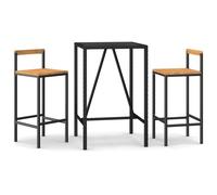 Garden Bar Set Black PE Rattan 70x70x110cm Table +2 Stools Wood BackrestGlassTop