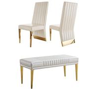3 Piece White and Gold Dining Chair Set with Bench Modern Leather Ottoman & 2 Channel Back Chairs for 4 Elegant Dining Room Furniture Upgrade