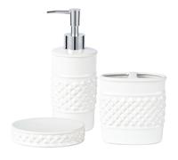 3-Piece White Ceramic Bathroom Accessories Set - Luxurious Soap Dispenser, Toothbrush Holder & Soap Dish with Modern Geo Embossed Design for Bathroom Accessory Set